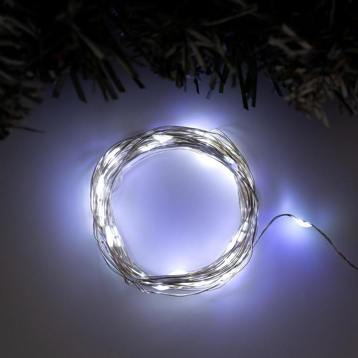 Гирлянда Нить 5 м роса, IP20, серебристая нить, 50 LED, свечение белое, 2 режима, 3 х AA