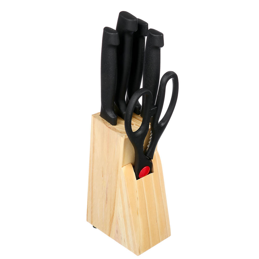 Набор ножей 6 пр. в дер.подставке: ножи кух. 7,5см, 11,5см, 12см, 14см, ножницы, 803-103