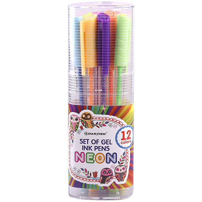 Набор ручек гел. 12цв Darvish Неон в пластиковом  тубусе