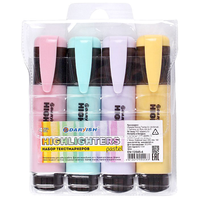 Набор Текстмаркеров Пастель 4шт/уп Darvish, DV-12545-4, Китай